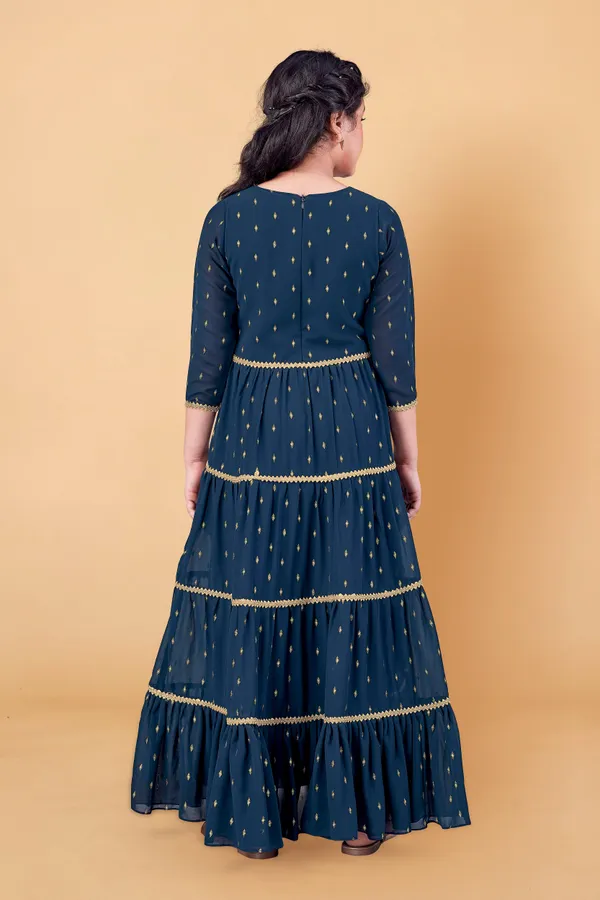 Teal_Blue_Georgette_Maxi_Length_Foil_Printed_Dress_For_Girls