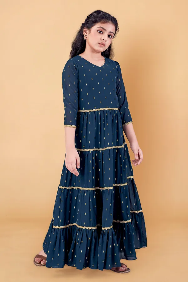 Teal_Blue_Georgette_Maxi_Length_Foil_Printed_Dress_For_Girls