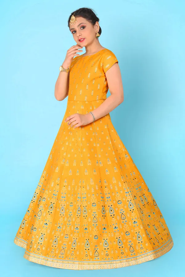Yellow_Crepe_Silk_Maxi_Length_Foil_Print_Dresses_For_Girls