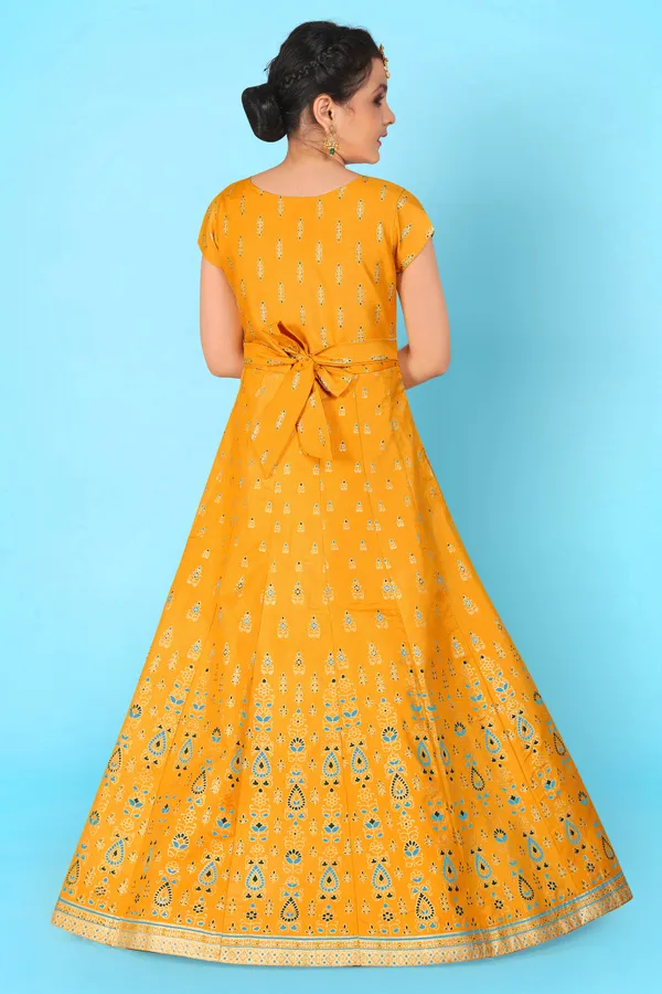 Yellow_Crepe_Silk_Maxi_Length_Foil_Print_Dresses_For_Girls