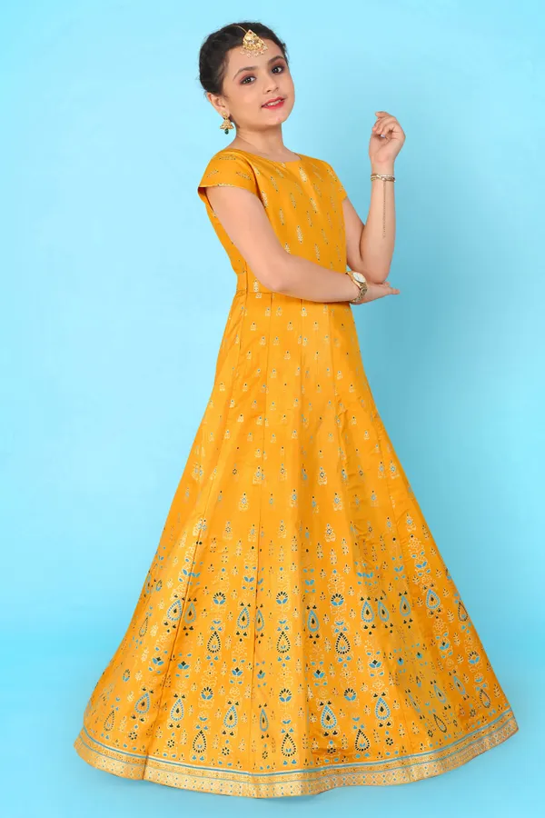 Yellow_Crepe_Silk_Maxi_Length_Foil_Print_Dresses_For_Girls
