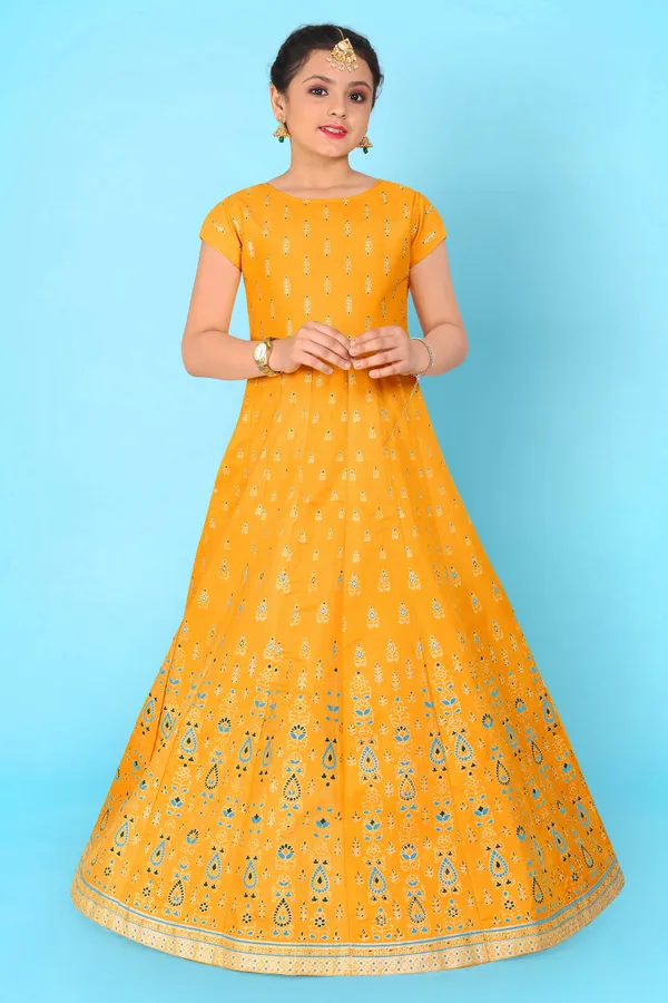 Yellow_Crepe_Silk_Maxi_Length_Foil_Print_Dresses_For_Girls