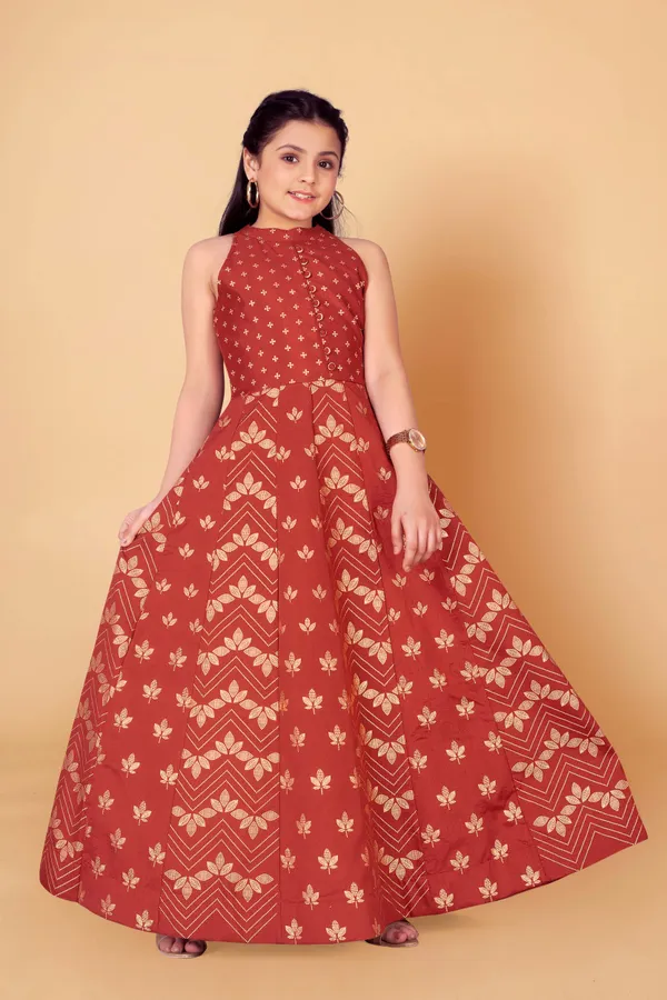 Rust_Crepe_Silk_Maxi_Length_Foil_Printed_Dresses_For_Girls