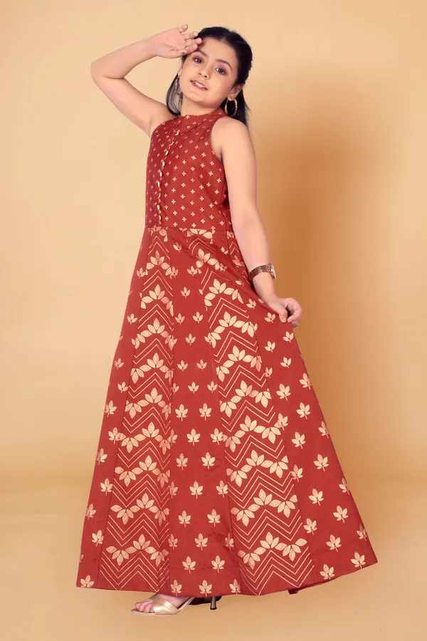 Rust_Crepe_Silk_Maxi_Length_Foil_Printed_Dresses_For_Girls