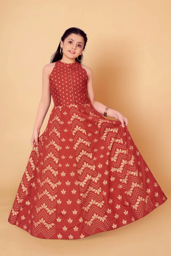 Rust_Crepe_Silk_Maxi_Length_Foil_Printed_Dresses_For_Girls