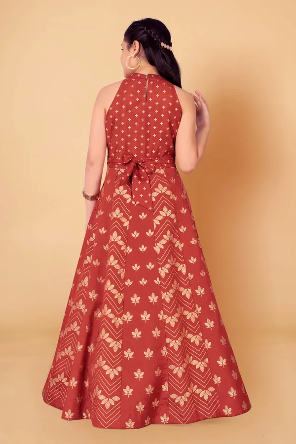 Rust_Crepe_Silk_Maxi_Length_Foil_Printed_Dresses_For_Girls