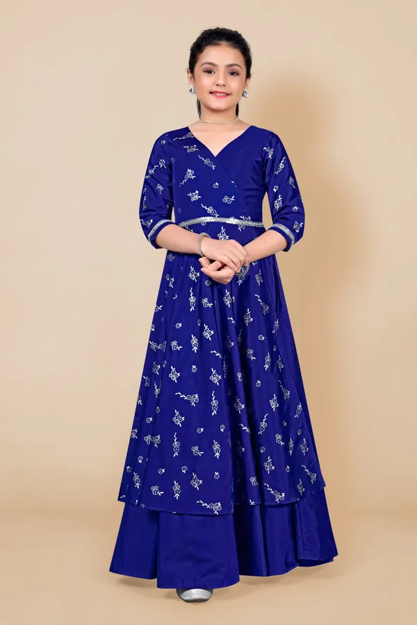 Blue_Taffeta_Maxi_Length_Foil_Printed_Dresses_For_Girls