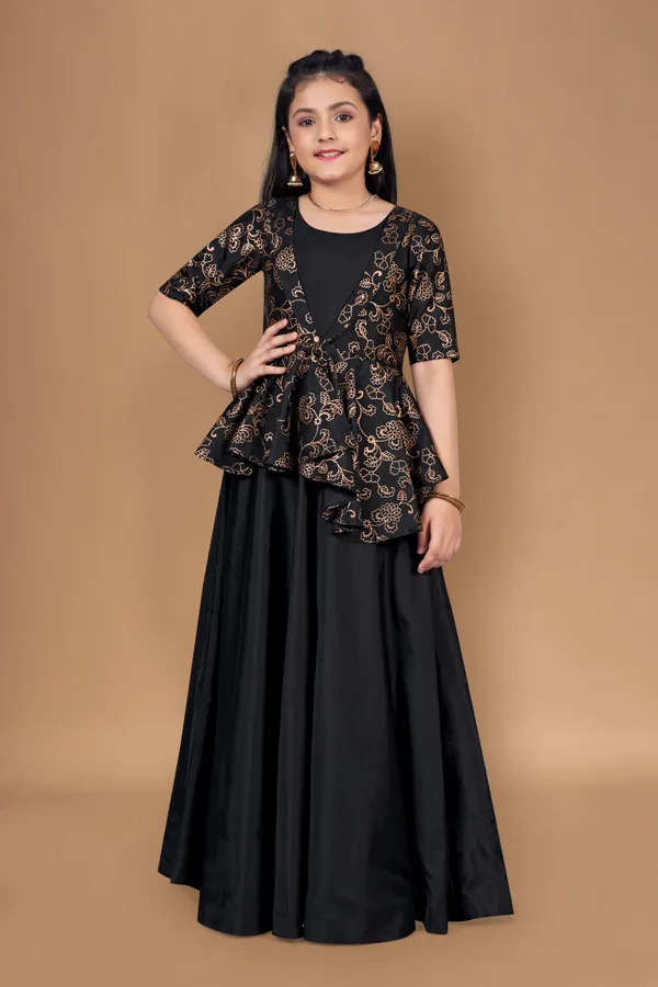 Black_Solid_Maxi_Dress_With_Attached_Foil_Printed_Asymmetric_Shrug_For_Girls
