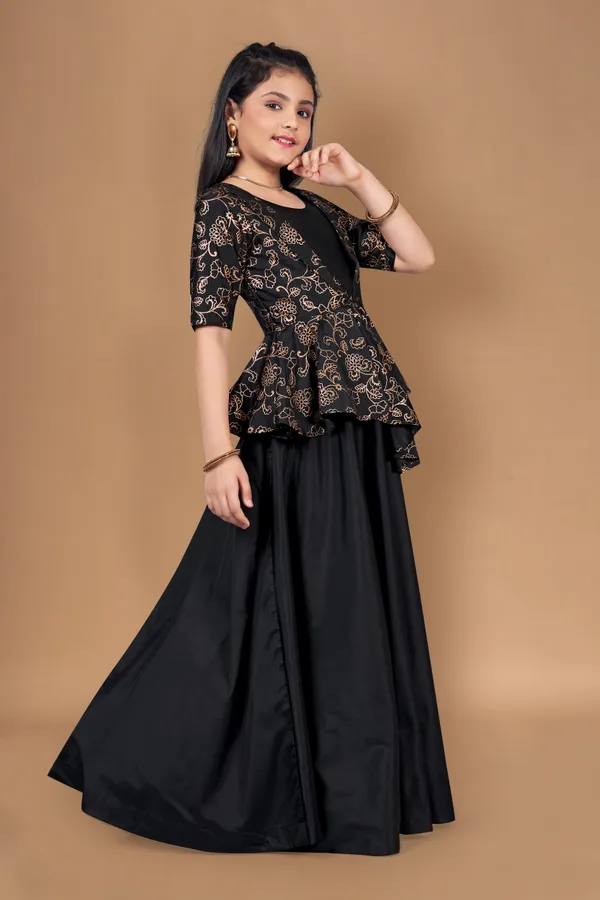 Black_Solid_Maxi_Dress_With_Attached_Foil_Printed_Asymmetric_Shrug_For_Girls
