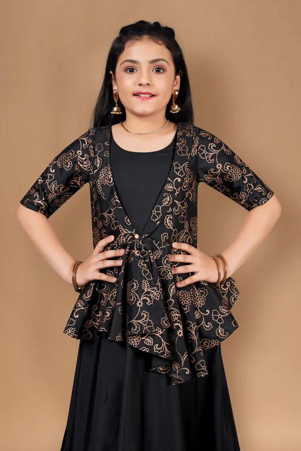 Black_Solid_Maxi_Dress_With_Attached_Foil_Printed_Asymmetric_Shrug_For_Girls