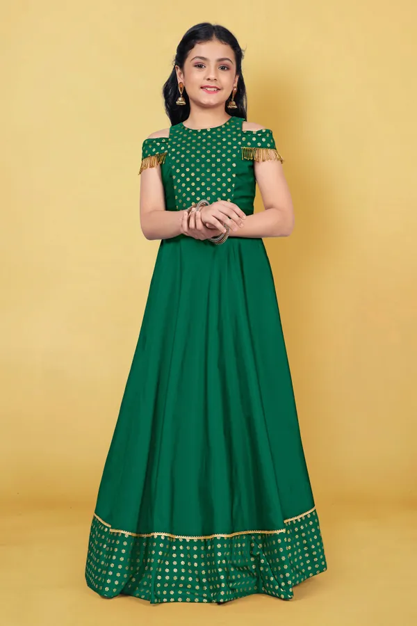 Green_Taffeta_Foil_Printed_Fit_And_Flared_Maxi_Dress_For_Girls