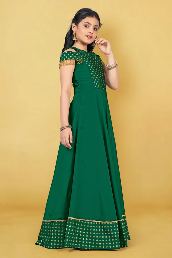 Green_Taffeta_Foil_Printed_Fit_And_Flared_Maxi_Dress_For_Girls