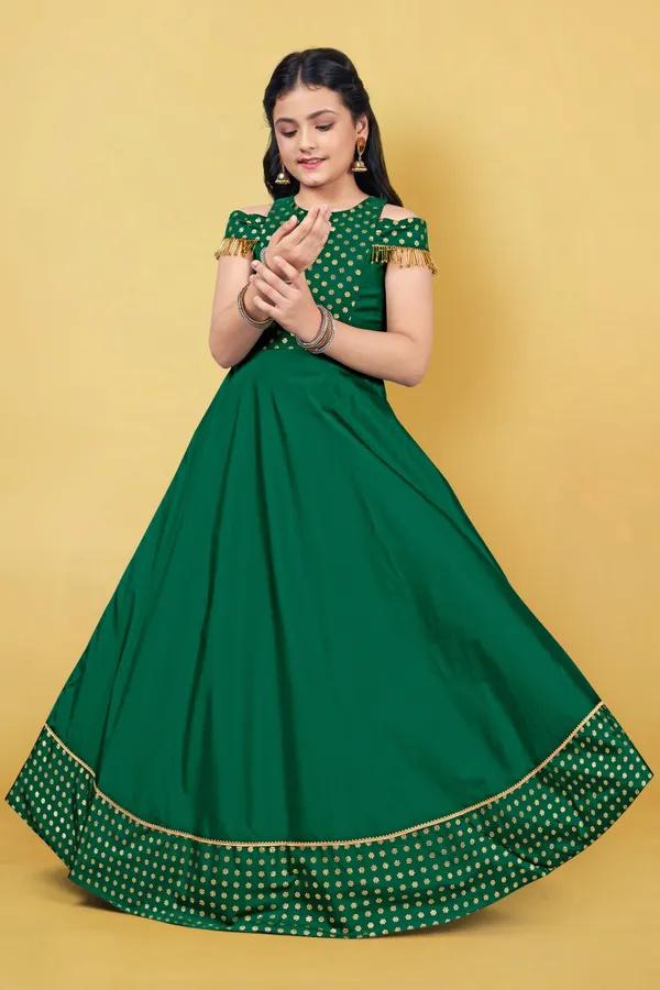 Green_Taffeta_Foil_Printed_Fit_And_Flared_Maxi_Dress_For_Girls