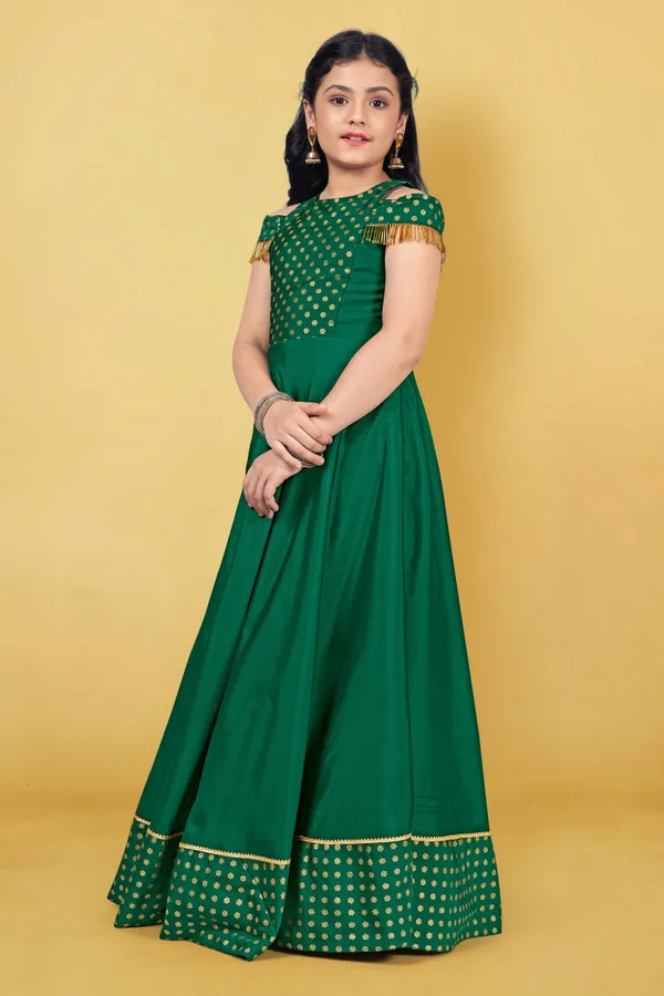 Green_Taffeta_Foil_Printed_Fit_And_Flared_Maxi_Dress_For_Girls