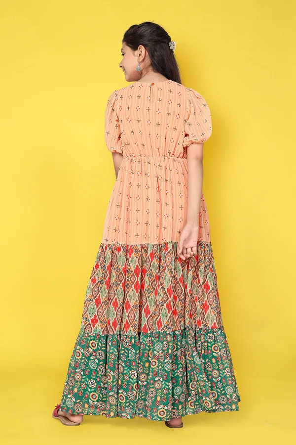Peach_Georgette_Maxi_Length_Tiered_Dress_For_Girls
