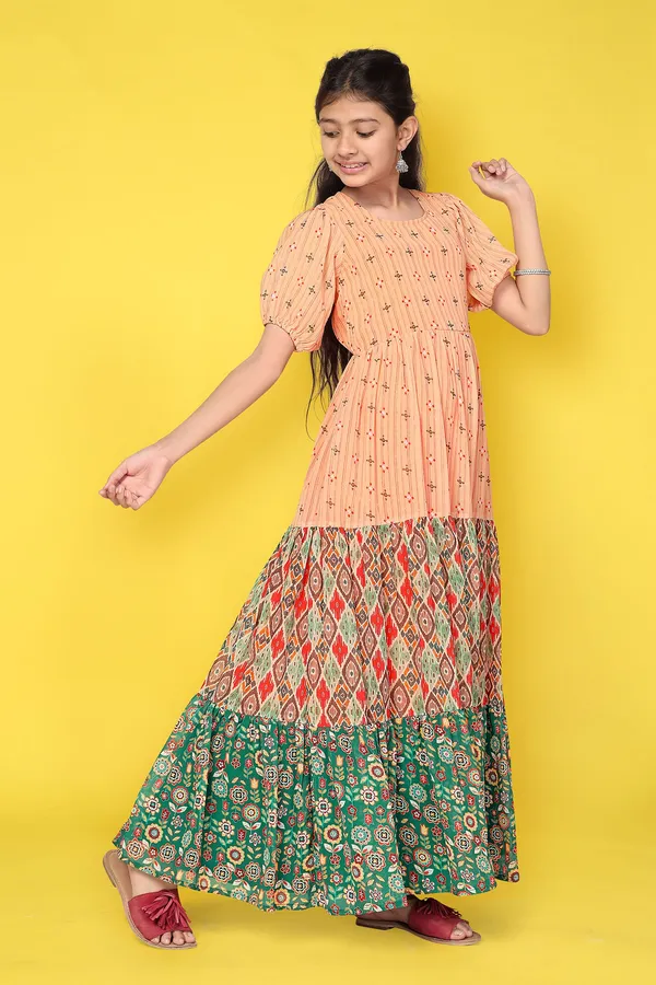 Peach_Georgette_Maxi_Length_Tiered_Dress_For_Girls