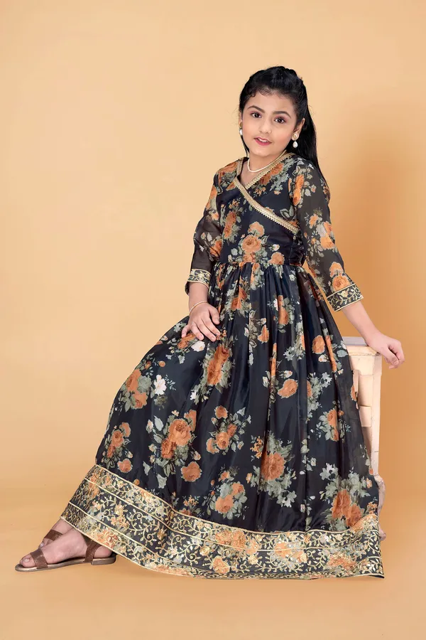 Black_Tabby_Silk_Floral_Printed_Maxi_Length_Dress_For_Girls