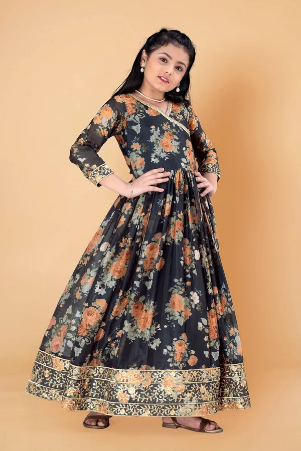 Black_Tabby_Silk_Floral_Printed_Maxi_Length_Dress_For_Girls