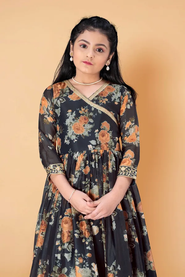 Black_Tabby_Silk_Floral_Printed_Maxi_Length_Dress_For_Girls