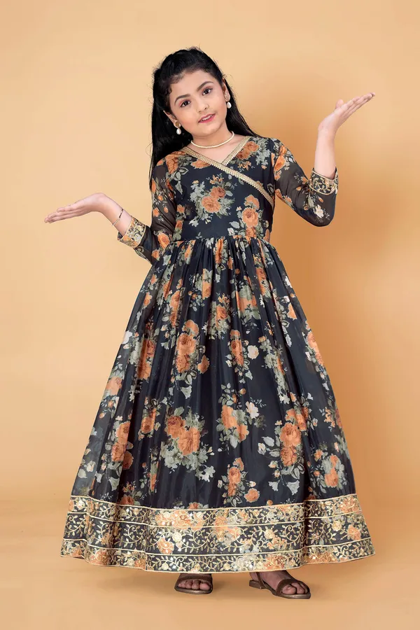 Black_Tabby_Silk_Floral_Printed_Maxi_Length_Dress_For_Girls