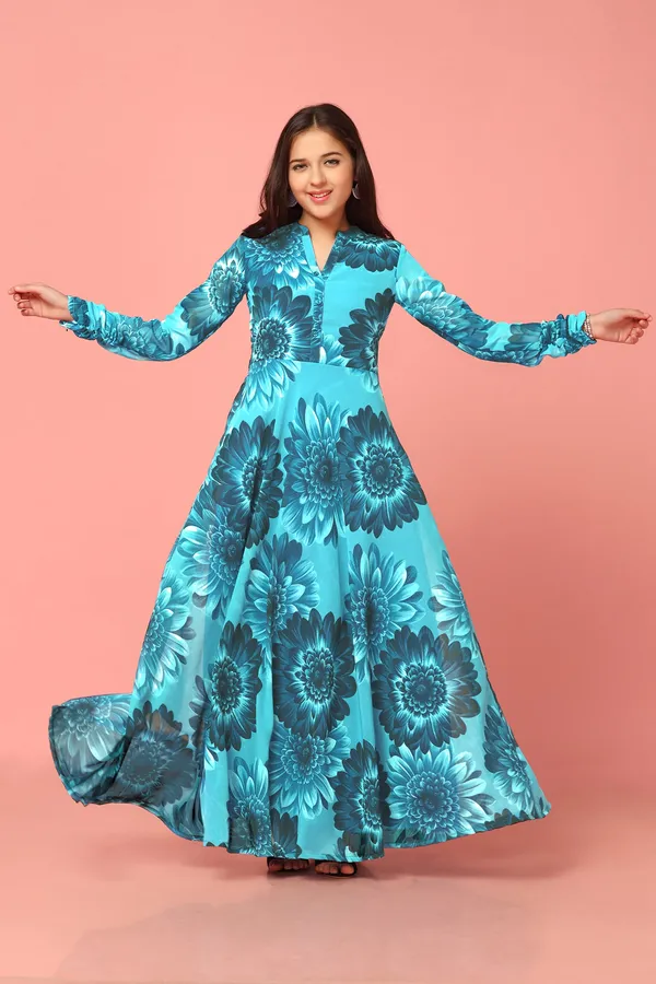 Blue_Georgette_Maxi_Length_Floral_Printed_Dress_For_Girls