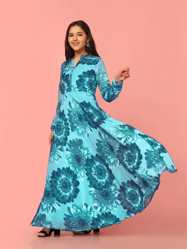 Blue_Georgette_Maxi_Length_Floral_Printed_Dress_For_Girls
