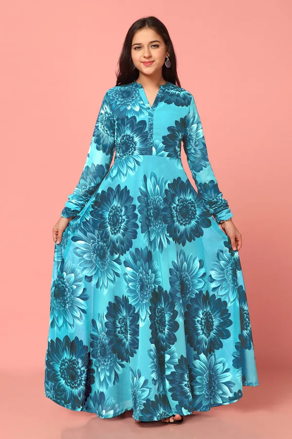 Blue_Georgette_Maxi_Length_Floral_Printed_Dress_For_Girls