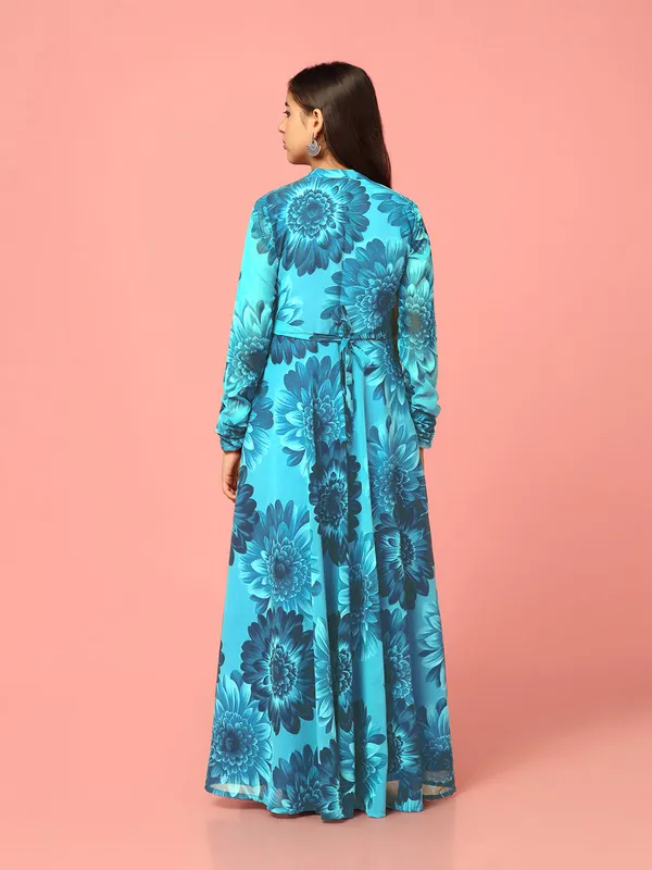 Blue_Georgette_Maxi_Length_Floral_Printed_Dress_For_Girls