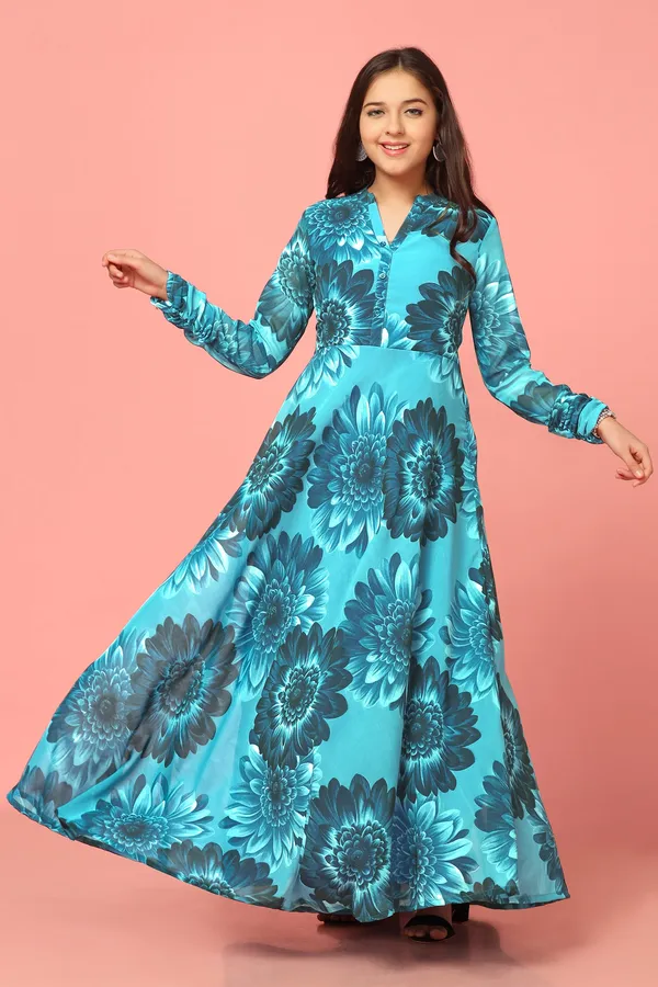 Blue_Georgette_Maxi_Length_Floral_Printed_Dress_For_Girls