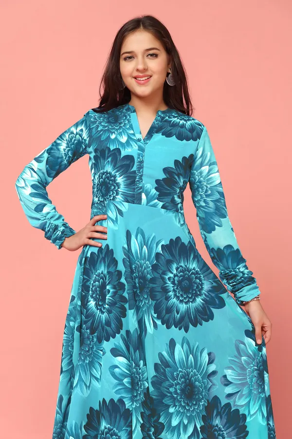 Blue_Georgette_Maxi_Length_Floral_Printed_Dress_For_Girls