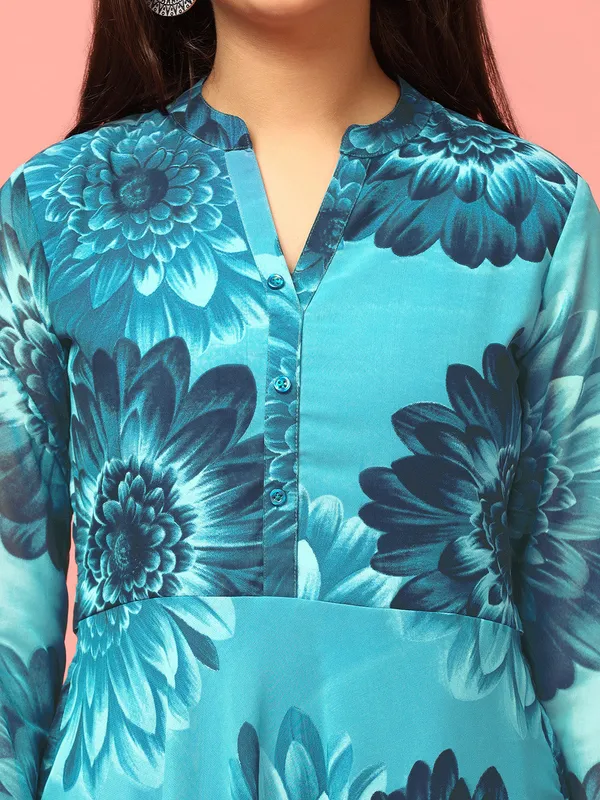 Blue_Georgette_Maxi_Length_Floral_Printed_Dress_For_Girls
