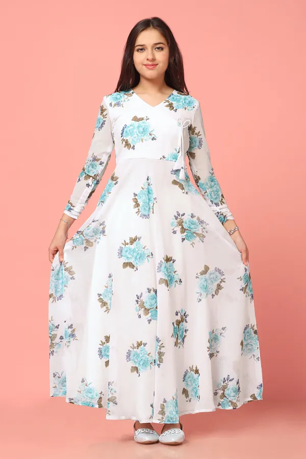 White_Georgette_Maxi_Length_Floral_Print_Dress_For_Girls