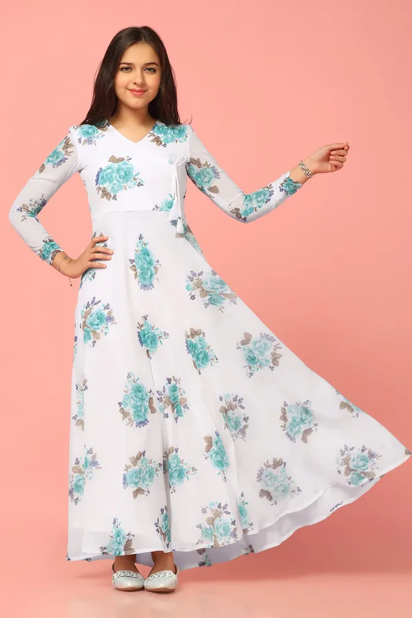 White_Georgette_Maxi_Length_Floral_Print_Dress_For_Girls