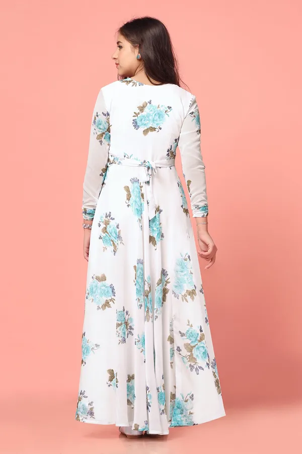 White_Georgette_Maxi_Length_Floral_Print_Dress_For_Girls
