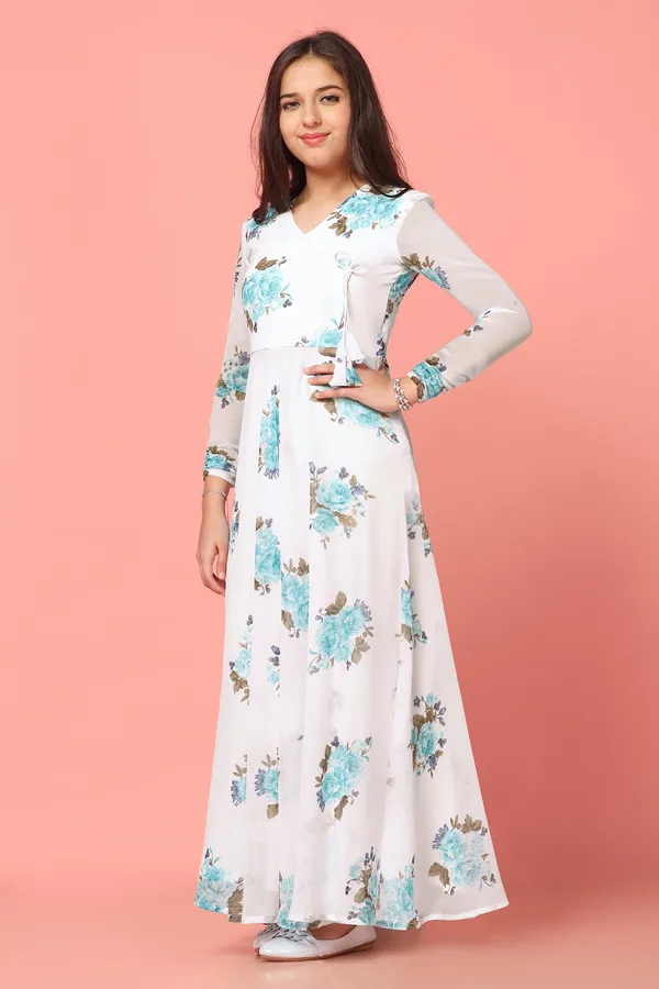 White_Georgette_Maxi_Length_Floral_Print_Dress_For_Girls