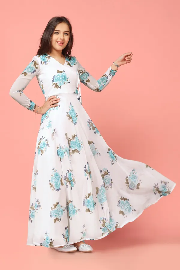 White_Georgette_Maxi_Length_Floral_Print_Dress_For_Girls