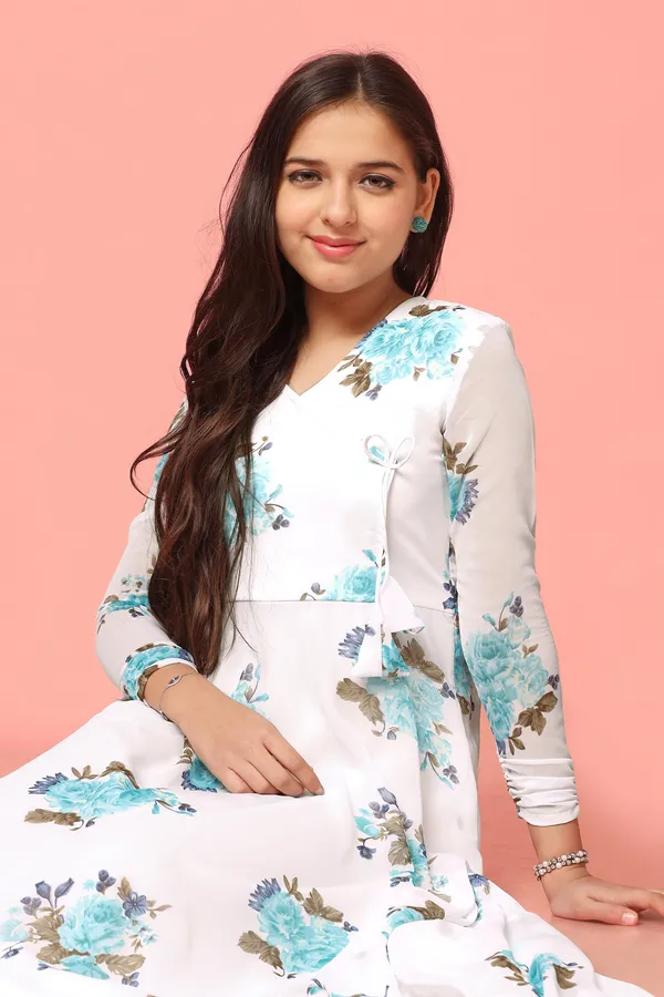 White_Georgette_Maxi_Length_Floral_Print_Dress_For_Girls