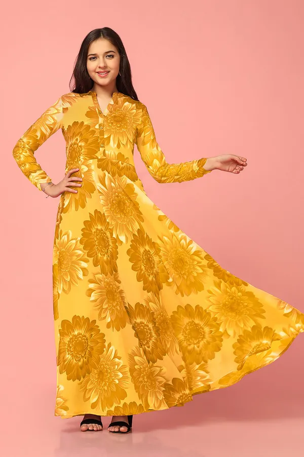 Yellow_Georgette_Maxi_Length_Floral_Print_Dress_For_Girls