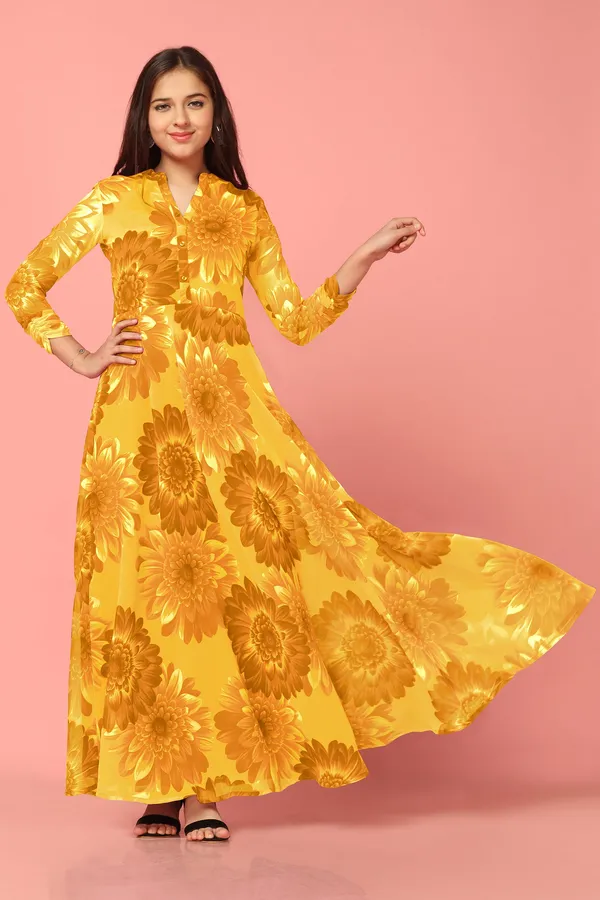 Yellow_Georgette_Maxi_Length_Floral_Print_Dress_For_Girls