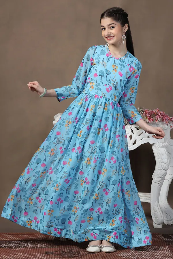 Sky_Blue_Georgette_Floral_Printed_Fit_&_Flare_Maxi_Length_Dress_For_Girls
