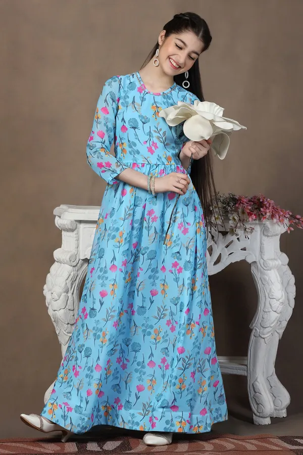 Sky_Blue_Georgette_Floral_Printed_Fit_&_Flare_Maxi_Length_Dress_For_Girls