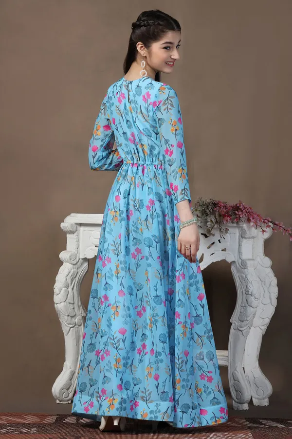Sky_Blue_Georgette_Floral_Printed_Fit_&_Flare_Maxi_Length_Dress_For_Girls