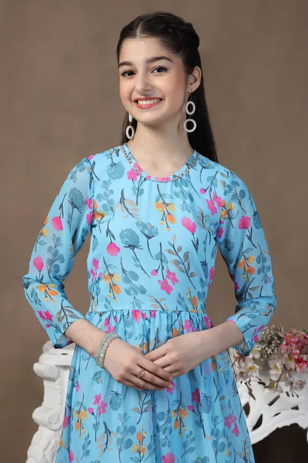 Sky_Blue_Georgette_Floral_Printed_Fit_&_Flare_Maxi_Length_Dress_For_Girls