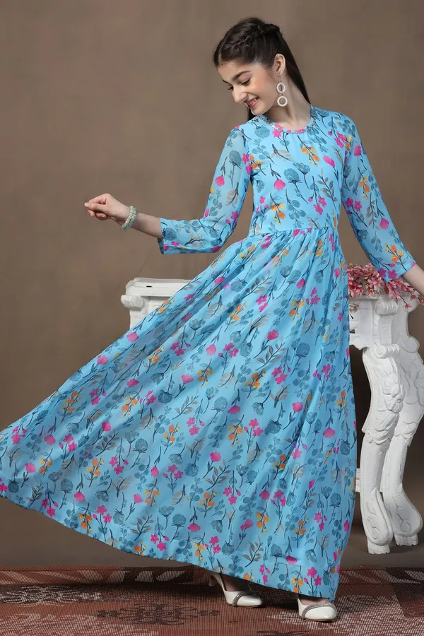 Sky_Blue_Georgette_Floral_Printed_Fit_&_Flare_Maxi_Length_Dress_For_Girls