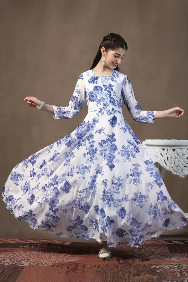 White_Georgette_Floral_Printed_Fit_&_Flare_Maxi_Length_Dress_For_Girls
