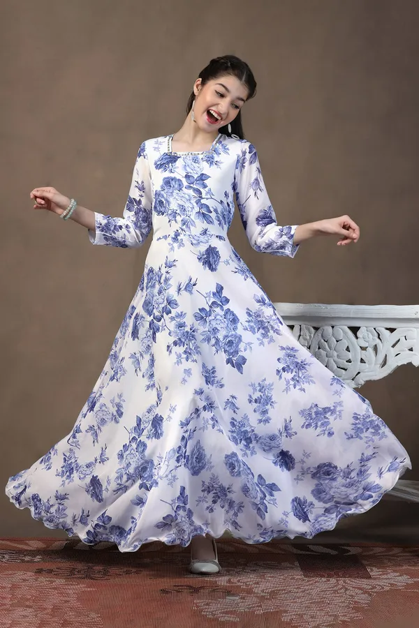White_Georgette_Floral_Printed_Fit_&_Flare_Maxi_Length_Dress_For_Girls