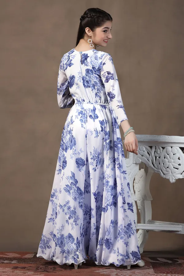 White_Georgette_Floral_Printed_Fit_&_Flare_Maxi_Length_Dress_For_Girls