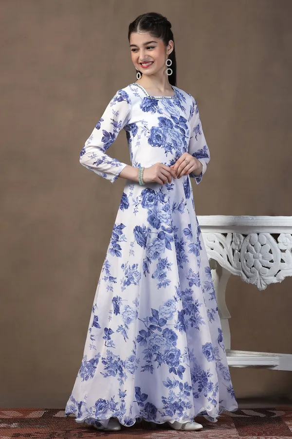 White_Georgette_Floral_Printed_Fit_&_Flare_Maxi_Length_Dress_For_Girls