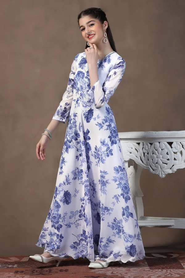 White_Georgette_Floral_Printed_Fit_&_Flare_Maxi_Length_Dress_For_Girls