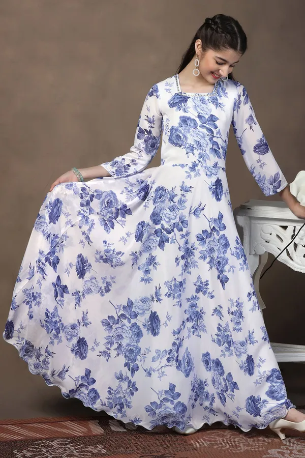 White_Georgette_Floral_Printed_Fit_&_Flare_Maxi_Length_Dress_For_Girls